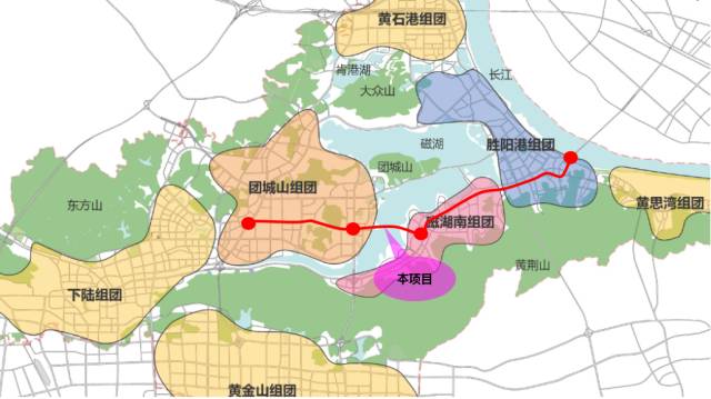 本项目与黄石市规划城市空间结构的关系示意图